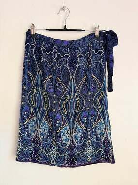Christiana Vintage Silk Beaded Wrap Skirt Blue Purple Embellished Size S